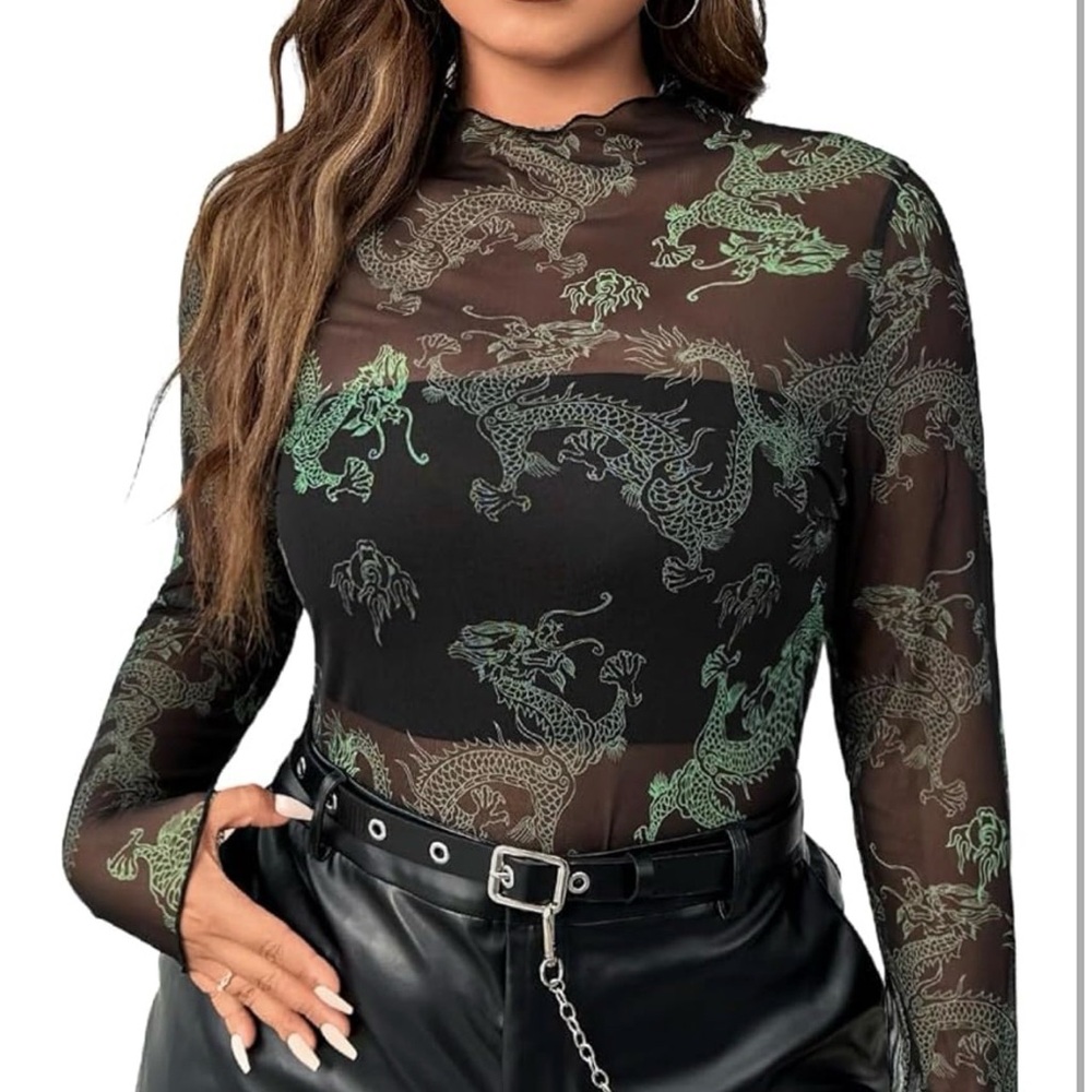 SHEIN Black Mesh Top with Green Dragon Design